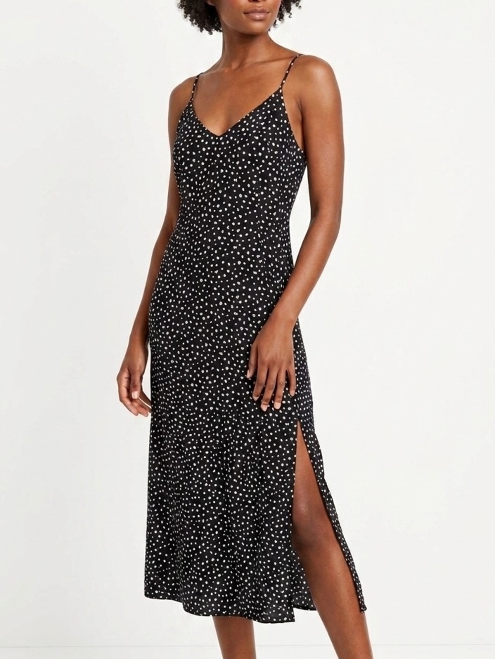 Black Polka Dot Midi Slip Dress with Side Slit